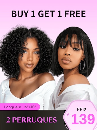 2 Perruques 16 Pouces Kinky Bouclé V Part Perruques & 10 Pouces Bob Avec Frange