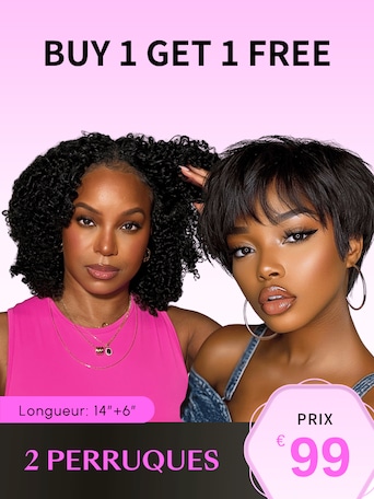 2 Perruques 14 Pouces Kinky Bouclé V Part Perruques & 6 Pouces Pixie Cut Bob Perruque