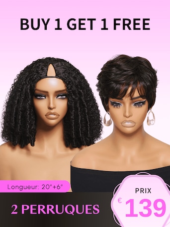 2 Perruques EasiContour™ V Part Naturelle Noire Afro Kinky Bouclé Perruque avec Finger Coil et Cordon & 6 Pouces Pixie Cut Bob Perruque