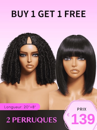 2 Perruques EasiContour™ V Part Naturelle Noire Afro Kinky Bouclé Perruque avec Finger Coil et Cordon & 8 Pouces Bob Avec Frange