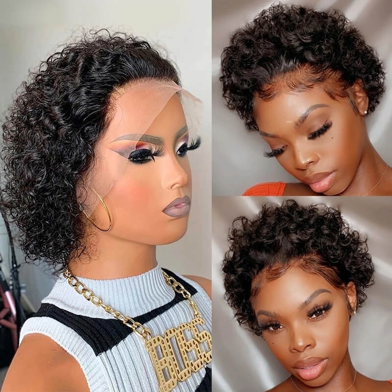 Perruque Brésilienne Cheveux Humains Courts Bouclés - Coupe Pixie Noire - Neuf