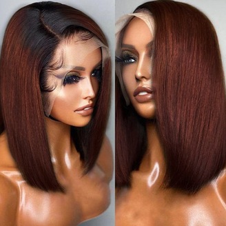 UNice Dark Copper Red Balayage Angled Straight 13x4 Lace Front Bob Wig